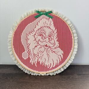 Vintage | Handmade Santa Claus Lace Embroidery Hoop Wall Hanging Round Christmas